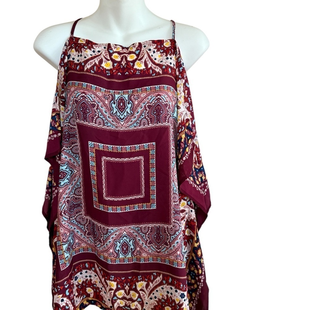 Monteau Burgundy and Multicolor Patterned Blouse